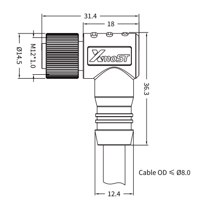 M12 Y-Coded Female 90° Right-Angle CAT5e Shielded Hybrid Ethernet Cable Connector