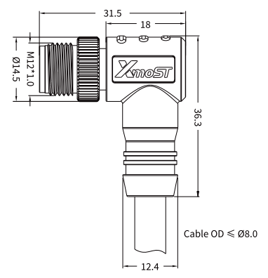 M12 Y-Coded Male 90° Right-Angle CAT5e Shielded Hybrid Ethernet Cable Connector