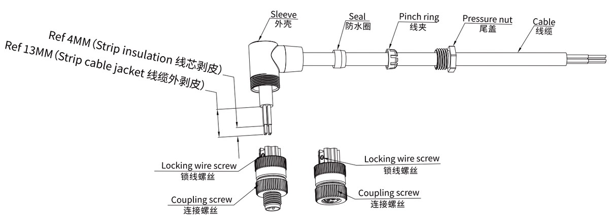 M8 A-Code 3-Pin Female 90° Right-Angle Screw-Type Assembled Connector 2
