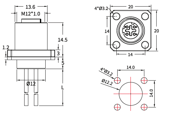 M12 D-Coded Female Flange Socket, Solder, Unwired or Pre-Wired M12 D-Coded Female Flange Socket, Solder, Unwired or Pre-Wired