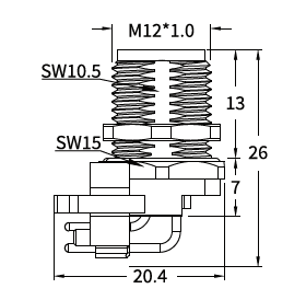 M12 D-Coded Male Front Mount Right Angle PCB Connector, 4-Pin Ethernet M12 D-Coded Male Front Mount Right Angle PCB Connector, 4-Pin Ethernet