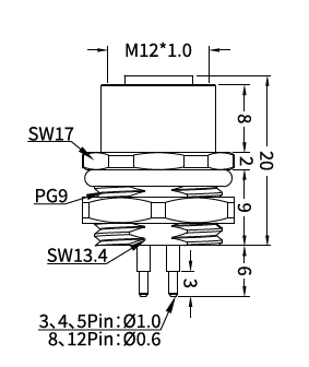 M12 T-Coded Female Rear Mount PCB Power Socket, 4-Pin, 12A 63V DC M12 T-Coded Female Rear Mount PCB Power Socket, 4-Pin, 12A 63V DC