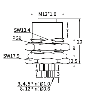 M12 T-Coded Female Front Mount PCB Power Socket, 4-Pin, 12A 63V DC