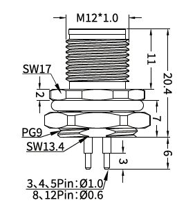 M12 T-Coded Male Rear Mount PCB Power Connector, 4-Pin, 12A 63V DC M12 T-Coded Male Rear Mount PCB Power Connector, 4-Pin, 12A 63V DC