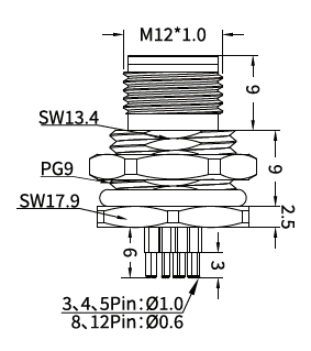 M12 T-Coded Male Front Mount PCB Power Connector, 4-Pin, 12A 63V DC M12 T-Coded Male Front Mount PCB Power Connector, 4-Pin, 12A 63V DC