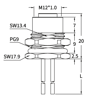 M12 B-Coded Female Front Mount Socket, Solder, Unwired or Pre-Wired
