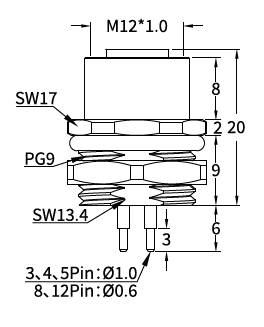 M12 B-Coded Female Rear Mount PCB Socket, 5-Pin PROFIBUS, Grounding Options M12 B-Coded Female Rear Mount PCB Socket, 5-Pin PROFIBUS, Grounding Options