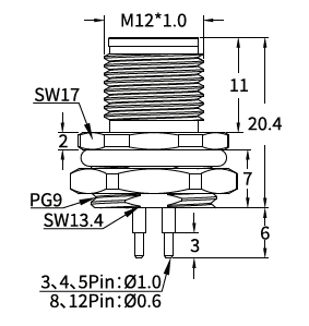 M12 B-Coded Male Rear Mount PCB Connector, 5-Pin PROFIBUS, Grounding Options