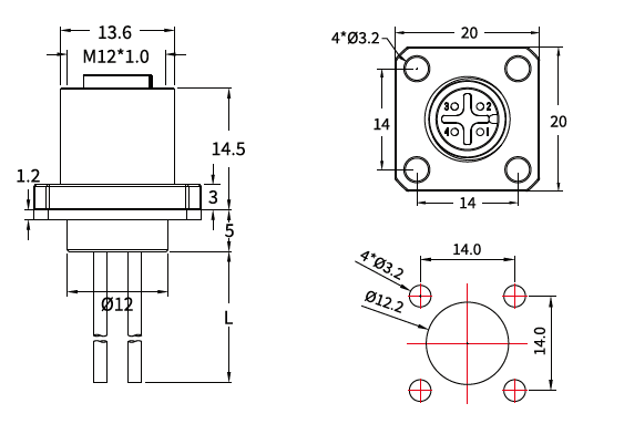 M12 A-Coded Female Flange Socket, Solder, Unwired or Pre-Wired