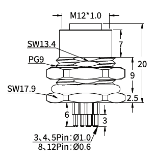 M12 A-Coded Female Front Mount PCB Socket, 3–17 Pin, Grounded/Ungrounded Options M12 A-Coded Female Front Mount PCB Socket, 3–17 Pin, Grounded/Ungrounded Options
