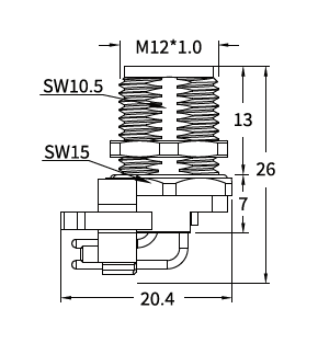 M12 A-Coded Male Front Mount Right Angle PCB Connector, 4–12 Pin, Grounding Options M12 A-Coded Male Front Mount Right Angle PCB Connector, 4–12 Pin, Grounding Options