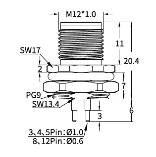 M12 A-Coded Male Rear Mount PCB Connector, 3–17 Pin for Industrial Control