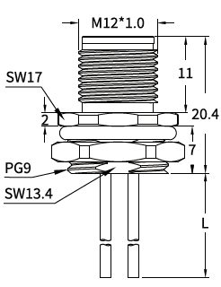 M12 A-Coded Male Rear Mount Socket, Solder, Unwired or Pre-Wired