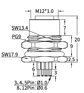M12 C-Coded Female Front Mount PCB Power Socket, 3–6 Pin, Shielding Options