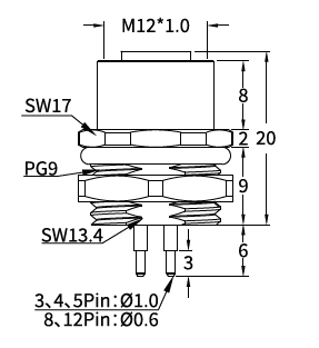 M12 C-Coded Female Rear Mount PCB Power Socket, 3–6 Pin, Shielding Options M12 C-Coded Female Rear Mount PCB Power Socket, 3–6 Pin, Shielding Options