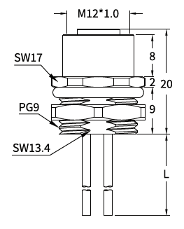 M12 C-Coded Female Rear Mount Socket, Solder, Unwired or Pre-Wired