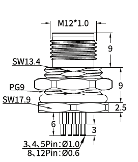 M12 C-Coded Male Front Mount PCB Power Connector, 3–6 Pin, Shielding Options M12 C-Coded Male Front Mount PCB Power Connector, 3–6 Pin, Shielding Options