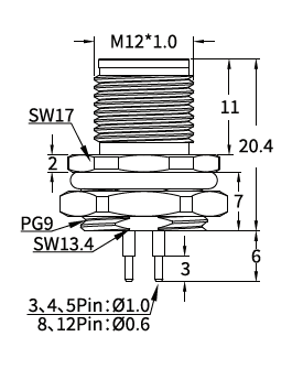 M12 C-Coded Male Rear Mount PCB Power Connector, 3–6 Pin, Shielding Options