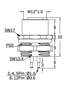 M12 K-Coded Female Rear Mount PCB Power Socket, 16A 630V AC, 3–5 Pin