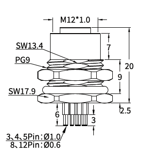 M12 K-Coded Female Front Mount PCB Power Socket, 16A 630V AC, 3–5 Pin