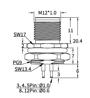 M12 K-Coded Male Rear Mount PCB Power Connector, 16A 630V AC, 3–5 Pin