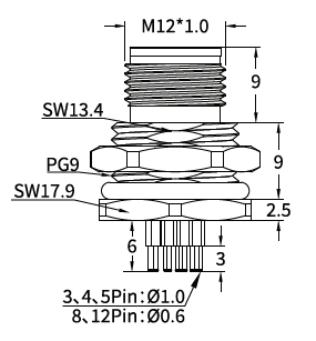M12 K-Coded Male Front Mount PCB Power Connector, 16A 630V AC, 3–5 Pin