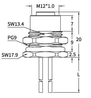 M12 L-Coded Female Front Mount DC Power Socket, Solder, Unwired or Pre-Wired