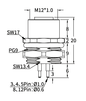 M12 L-Coded Male Rear Mount PCB Power Connector, 16A 63V DC, FE Options M12 L-Coded Male Rear Mount PCB Power Connector, 16A 63V DC, FE Options