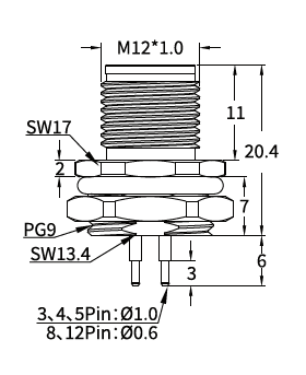 M12 L-Coded Male Rear Mount PCB Power Connector, 16A 63V DC, 3–5 Pin