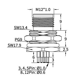 M12 L-Coded Male Front Mount PCB Power Connector, 16A 63V DC, 3–5 Pin M12 L-Coded Male Front Mount PCB Power Connector, 16A 63V DC, 3–5 Pin