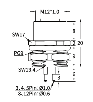 M12 M-Coded Female Rear Mount PCB Power Socket, 8A 630V AC, 3–6 Pin M12 M-Coded Female Rear Mount PCB Power Socket, 8A 630V AC, 3–6 Pin