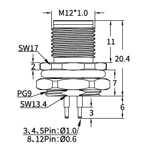 M12 M-Coded Male Rear Mount PCB Power Connector, 8A 630V AC, 3–6 Pin M12 M-Coded Male Rear Mount PCB Power Connector, 8A 630V AC, 3–6 Pin