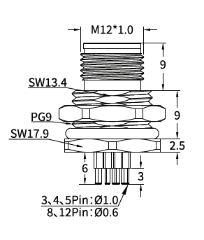 M12 M-Coded Male Front Mount PCB Power Connector, 8A 630V AC, 3–6 Pin