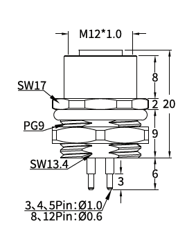 M12 S-Coded Female Rear Mount PCB Power Socket, 12A 630V, 2+PE / 3+PE