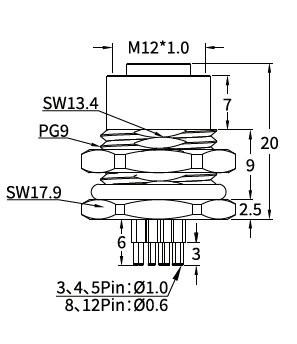 M12 S-Coded Female Front Mount PCB Power Socket, 12A 630V, 2+PE / 3+PE M12 S-Coded Female Front Mount PCB Power Socket, 12A 630V, 2+PE / 3+PE