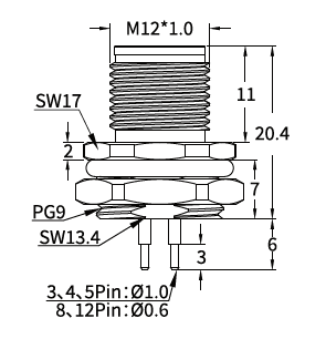 M12 S-Coded Male Rear Mount PCB Power Connector, 12A 630V, 2+PE / 3+PE M12 S-Coded Male Rear Mount PCB Power Connector, 12A 630V, 2+PE / 3+PE
