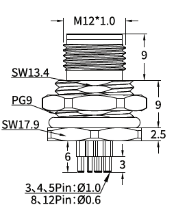 M12 S-Coded Male Front Mount PCB Power Connector, 12A 630V, 2+PE / 3+PE M12 S-Coded Male Front Mount PCB Power Connector, 12A 630V, 2+PE / 3+PE