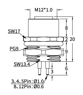 M12 Y-Coded Female Rear Mount PCB Hybrid Socket, Ethernet + Power, Y3/Y4 M12 Y-Coded Female Rear Mount PCB Hybrid Socket, Ethernet + Power, Y3/Y4