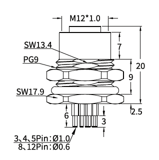 M12 Y-Coded Female Front Mount PCB Hybrid Socket, Ethernet + Power, Y3/Y4 M12 Y-Coded Female Front Mount PCB Hybrid Socket, Ethernet + Power, Y3/Y4