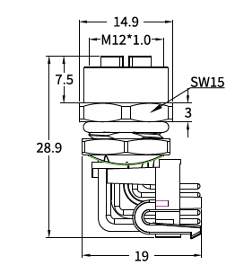 M12 Y-Coded Female Rear Mount Right Angle PCB Hybrid Socket, Ethernet + Power M12 Y-Coded Female Rear Mount Right Angle PCB Hybrid Socket, Ethernet + Power