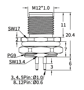 M12 Y-Coded Male Rear Mount PCB Hybrid Connector, Ethernet + Power, Y3/Y4 M12 Y-Coded Male Rear Mount PCB Hybrid Connector, Ethernet + Power, Y3/Y4