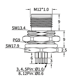 M12 Y-Coded Male Front Mount PCB Hybrid Connector, Ethernet + Power, Y3/Y4 M12 Y-Coded Male Front Mount PCB Hybrid Connector, Ethernet + Power, Y3/Y4