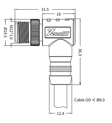 M12 C-coded male 90-degree unshielded power cable connector dimension drawing