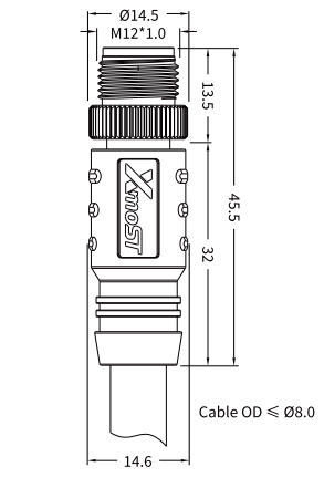 M12 C-Coded Male Molded Single-Ended Power Cable Connector, Unshielded M12 C-coded male unshielded power cable connector dimensions, straight and right-angle