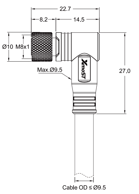 M8 A-Code 3Pin Female Right-Angle Molded Connector