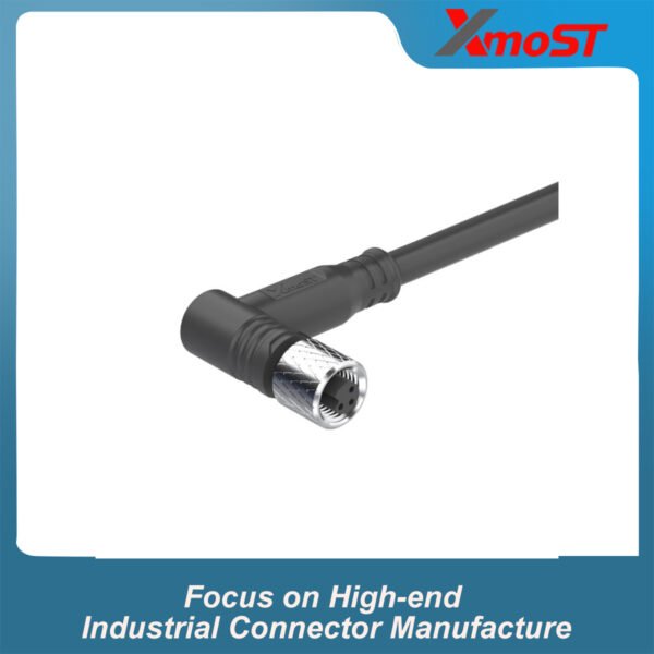M5 Connector A-Code 3Pin Female Right Angle Molded Plug, Overmolded Cable, IP67