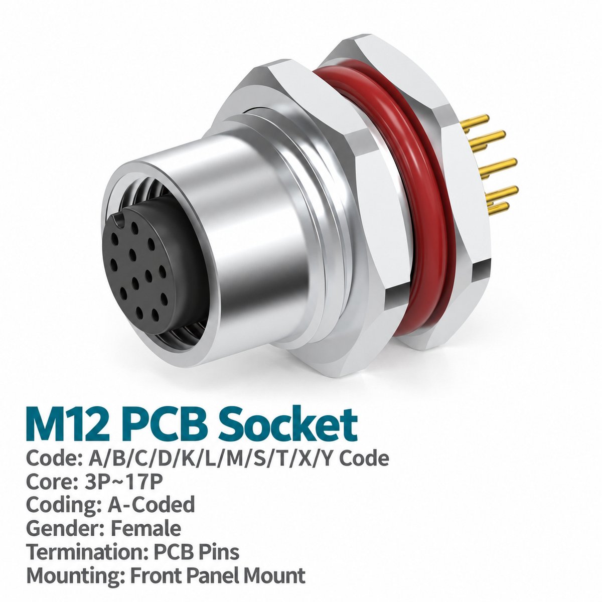 M12 A-Coded Female Front Mount PCB Socket, 3–17 Pin, Grounded/Ungrounded Options M12 A-Coded Female Front Mount PCB Socket, 3–17 Pin, Grounded/Ungrounded Options - Image 2