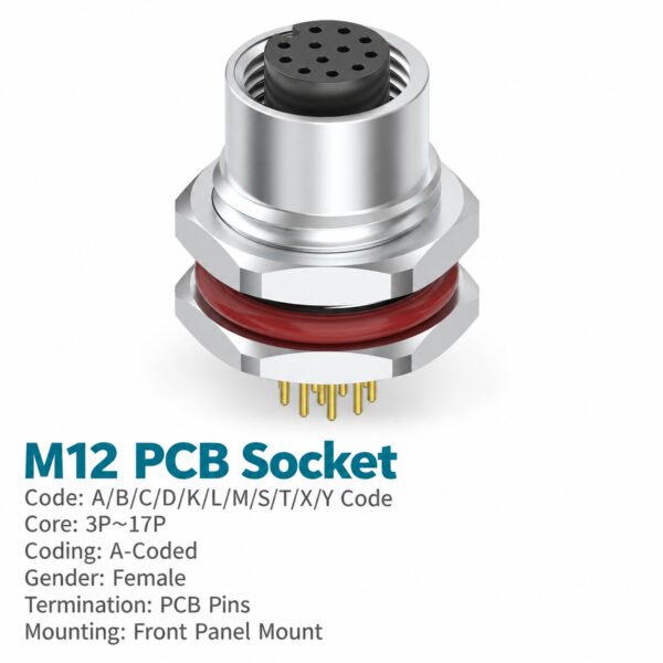 M12 A-Coded Female Front Mount PCB Socket, 3–17 Pin, Grounded/Ungrounded Options