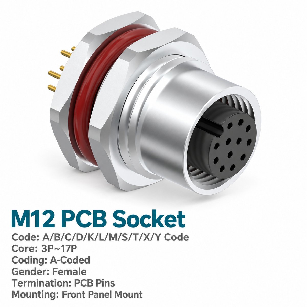 M12 A-Coded Female Front Mount PCB Socket, 3–17 Pin, Grounded/Ungrounded Options M12 A-Coded Female Front Mount PCB Socket, 3–17 Pin, Grounded/Ungrounded Options - Image 3