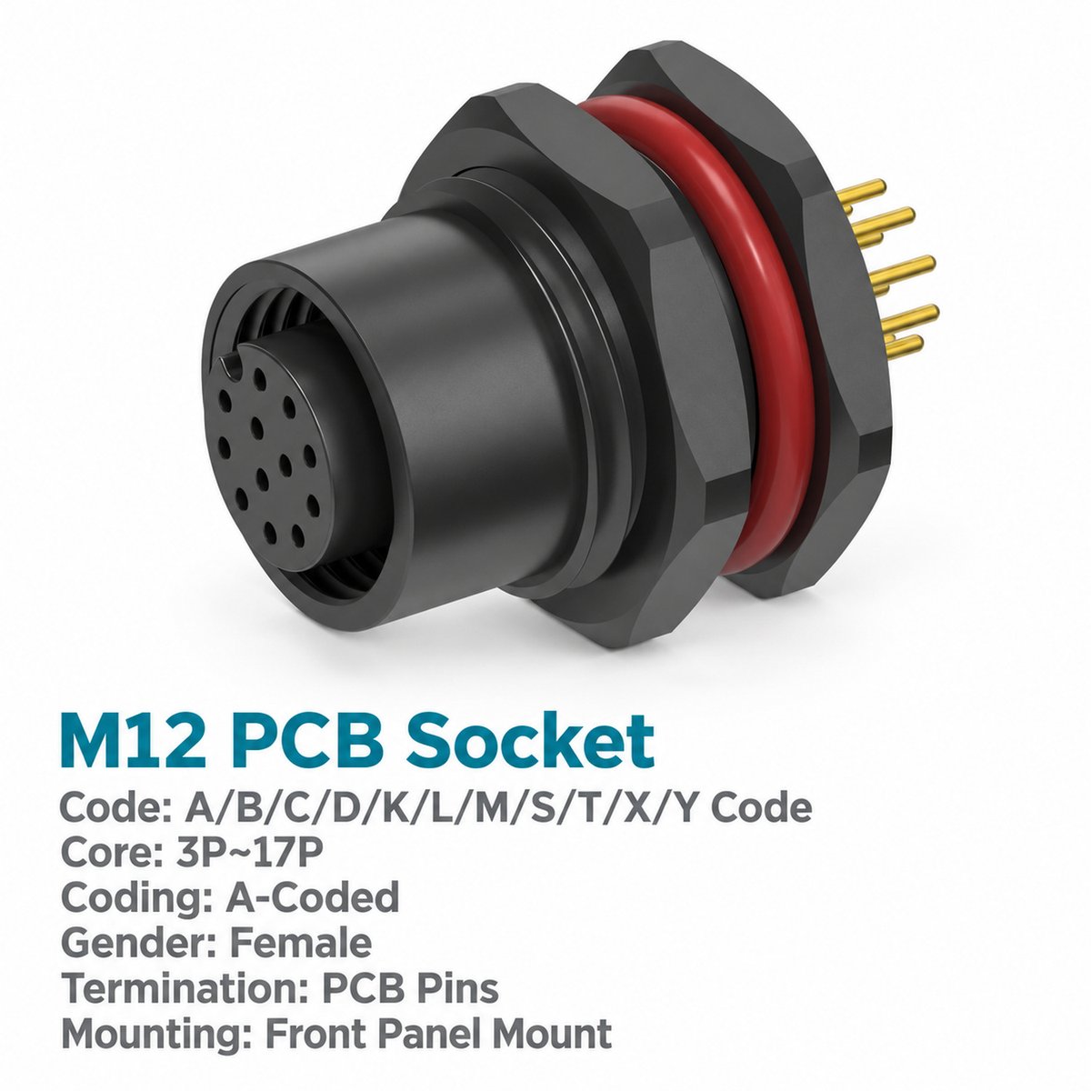 M12 A-Coded Female Plastic PCB Panel Connector, 3–17 Pin for Sensors & Actuators M12 A-Coded Female Plastic PCB Panel Connector, 3–17 Pin for Sensors & Actuators - Image 2